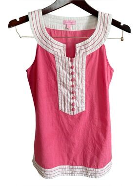 Lilly Pulitzer Cissy Tank Top Linen Cotton Blend Pink White Button Front Size 4